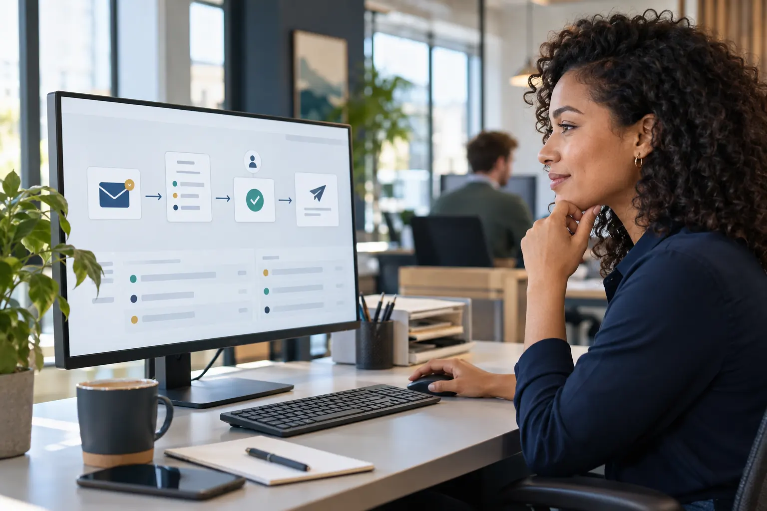 Medewerker bewaakt een geautomatiseerde klantenserviceworkflow