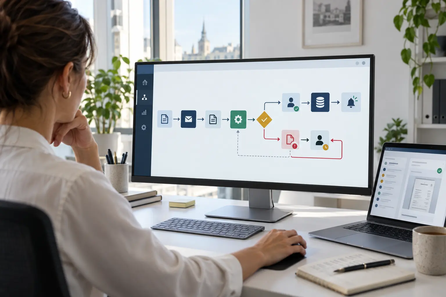 Medewerker controleert een geautomatiseerde workflow met menselijk goedkeuringspunt