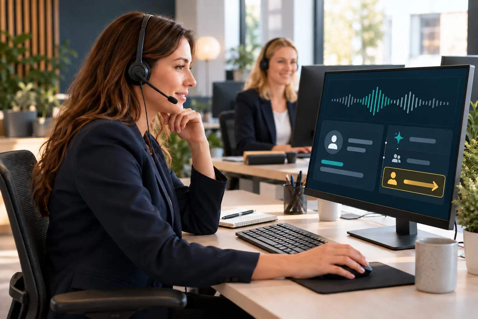 Medewerker bewaakt een AI-telefoongesprek en menselijke overdracht