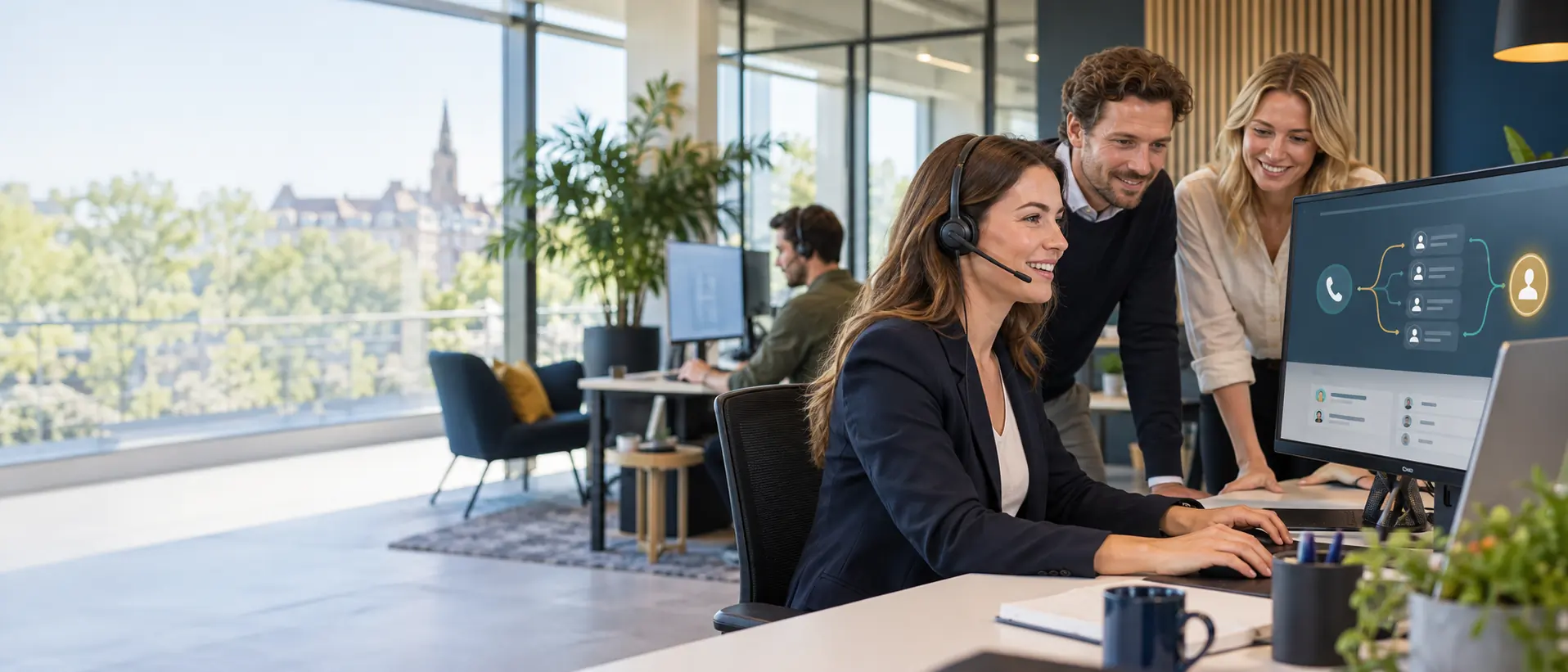 Team werkt met een ingerichte zakelijke telefooncentrale