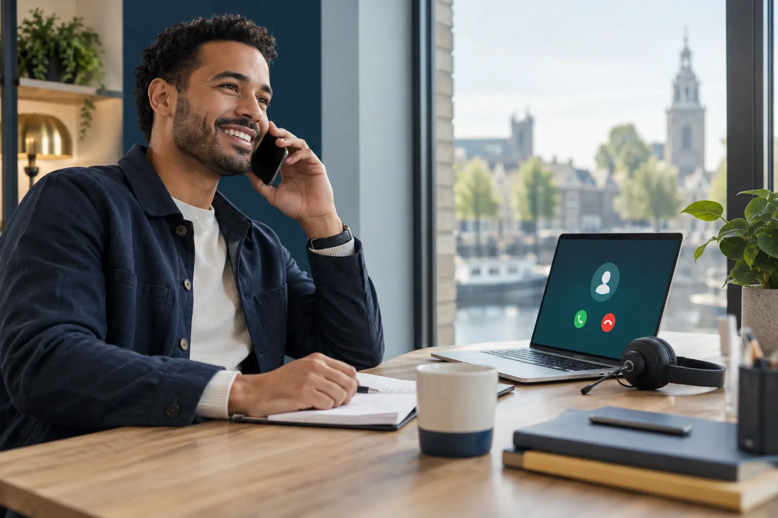 Medewerker belt zakelijk via smartphone en laptop